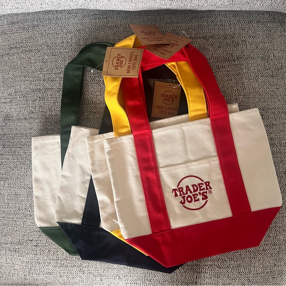 Trader Joe's Mini Canvas Tote Bag Set - Red, Yellow, Black, Green, Cream